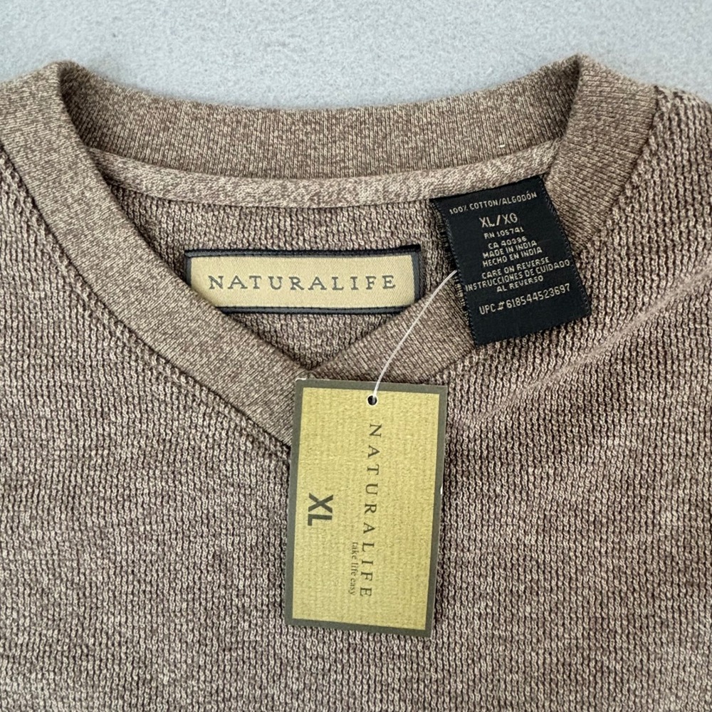 Naturalife Mens XL Chino Tan Waffle Knit V-Neck Long Sleeve Thermal Shirt 726577